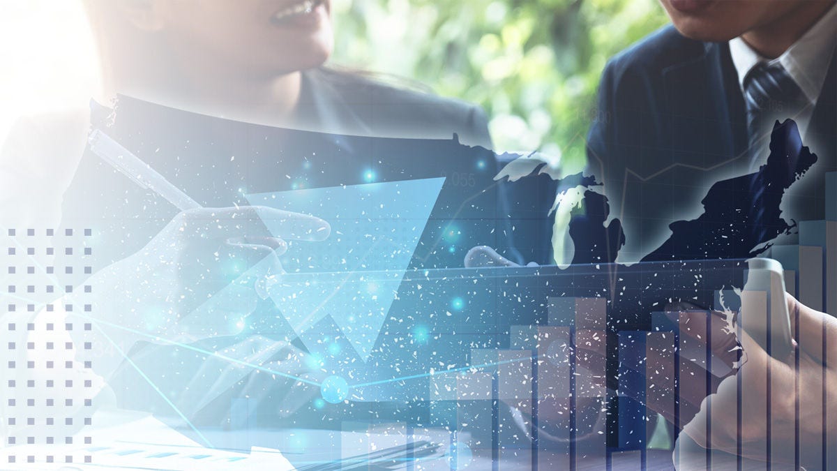 An abstract image of two businessmen with a graph and arrow pointing up
