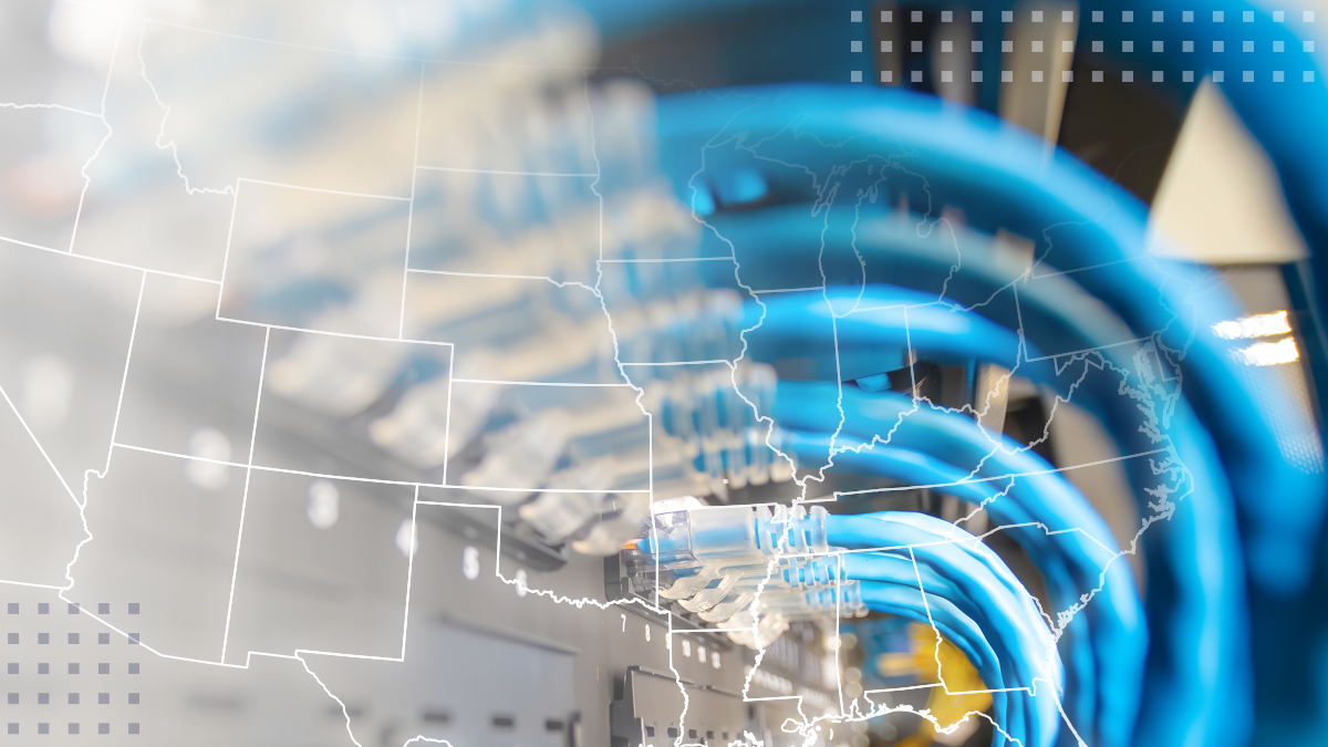 An outline of a US state map with abstract fiber connectivity icons overlaid