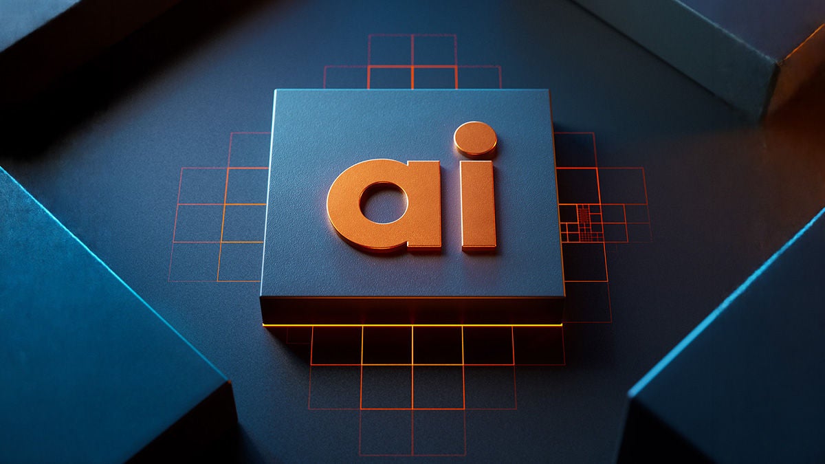 Abstract computer chip with AI emblazoned on it