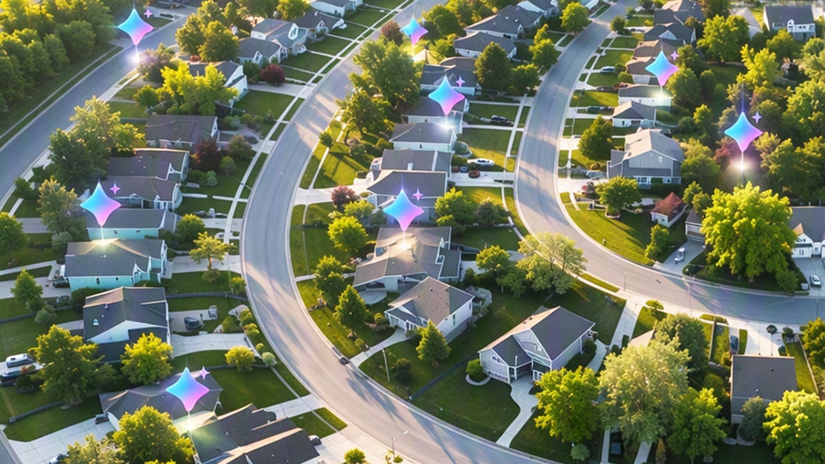 aerial view of homes, some with abstract AI icons over them