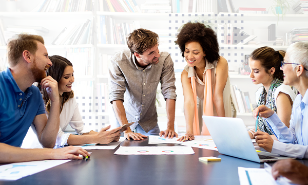Employees meeting and collaborating