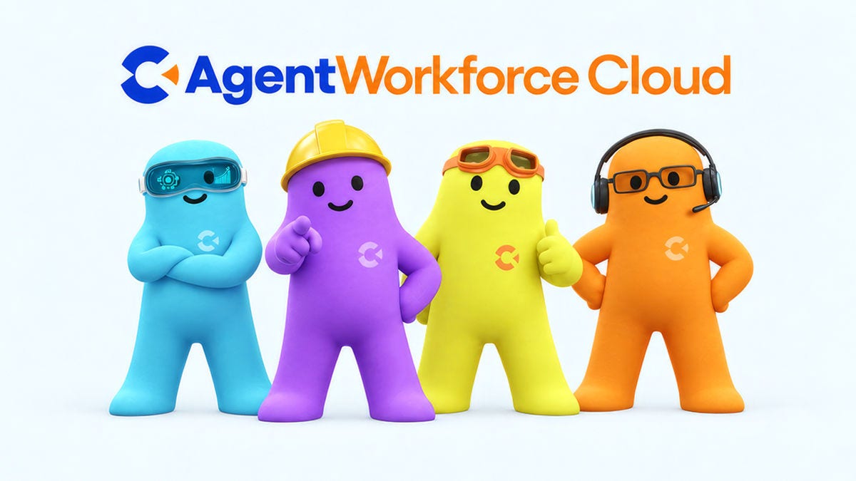 Four Calix Agent Workforce characters standing beside each other with the Calix Agent Workforce logo displayed above their heads