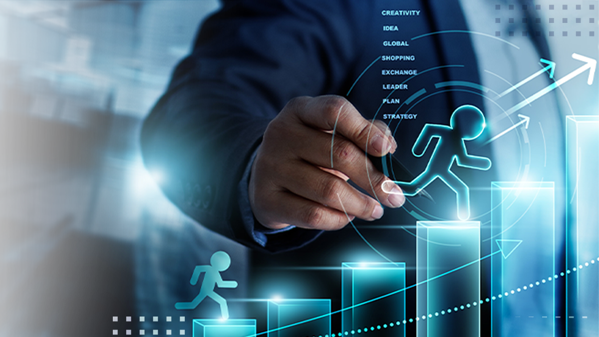 A business professional in a suit points toward an upward arrow symbolizing growth and success