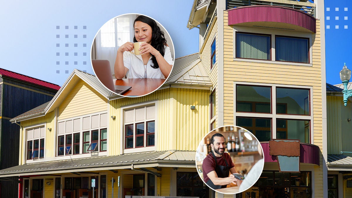 A bright yellow multi-story building with large windows stands under a clear blue sky, suggesting a small business or café. Two circular insets show a woman working on a laptop at home and a man smiling behind a counter, possibly in the same business. The composition highlights remote collaboration and customer service across different locations. Soft lighting and clean lines create a modern, friendly atmosphere.