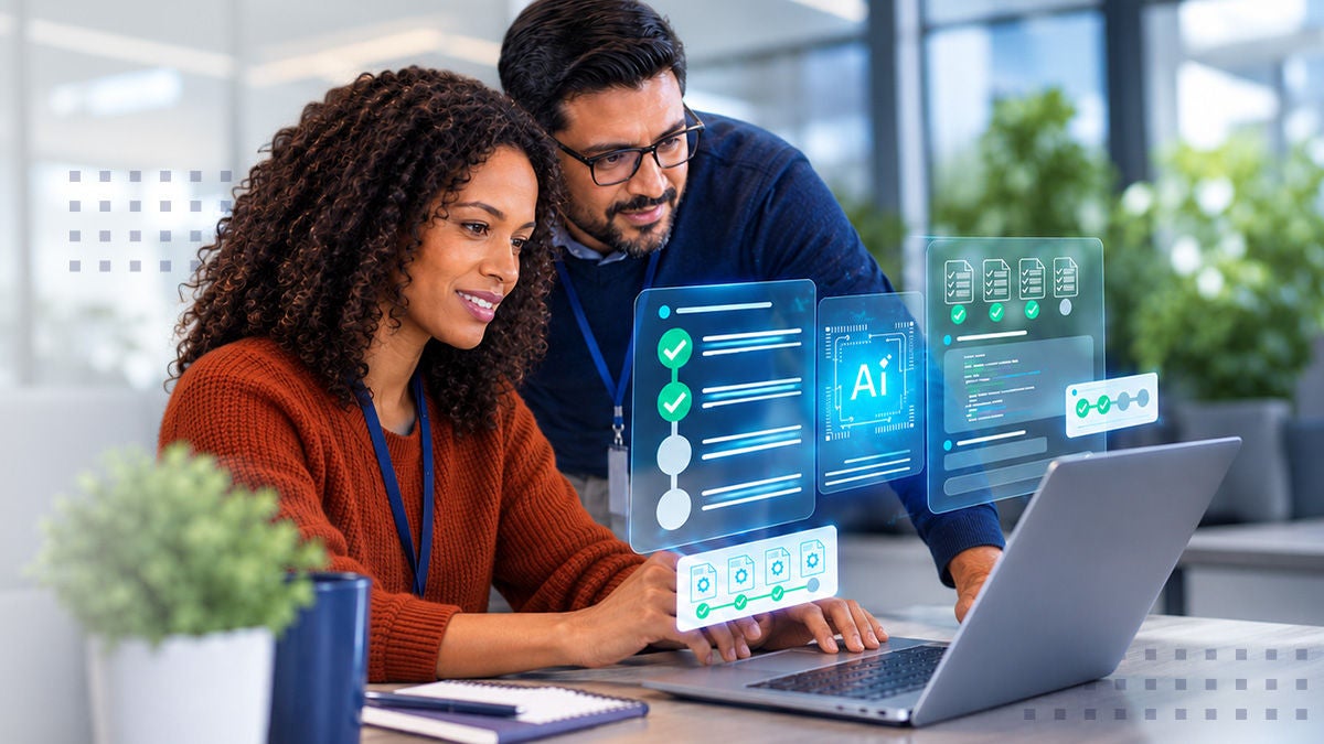 A woman and a man work together at a laptop in a modern office setting. Floating digital interface elements show checklists, data panels, and an AI icon, suggesting advanced analytics or automation. The scene conveys collaboration, innovation, and technology-driven productivity. Soft blue tones and clean graphics create a professional, futuristic atmosphere.