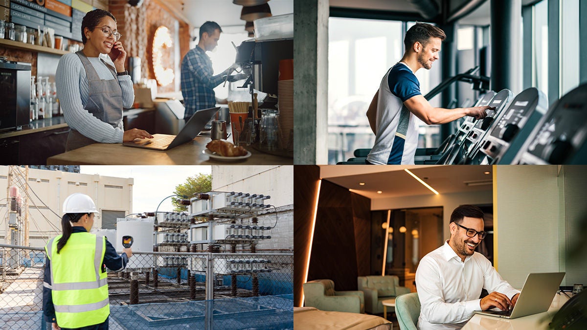 Collage of four scenes shows professionals working in different modern environments. In the top left, a barista and a customer interact at a coffee shop counter with a laptop open. The top right image features a young man exercising on a treadmill in a bright gym. The bottom left shows a construction or utility worker in a high-visibility vest and hard hat inspecting industrial equipment outdoors. The bottom right depicts a business professional using a laptop in a contemporary office or lounge area.