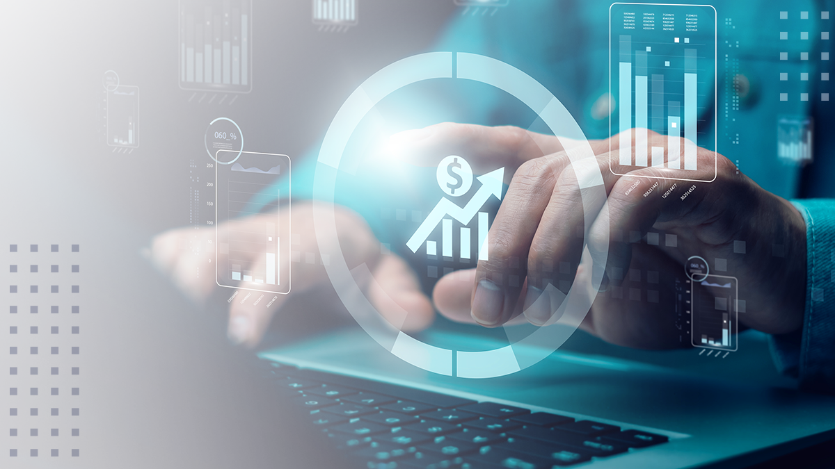An abstract image of a man touching a computer screen with money graph icons