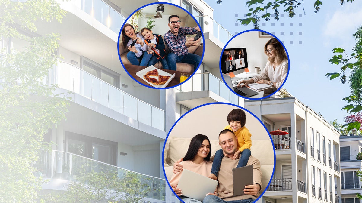 A contemporary apartment building with balconies is shown in the background, suggesting urban residential living. Three circular insets highlight different family scenes, including parents with children relaxing on a couch, a family enjoying food together, and a woman working on a laptop during a video call. The visuals emphasize home life, remote work, and digital connectivity within a modern housing environment. Soft daylight and greenery around the building create a welcoming and comfortable atmosphere.