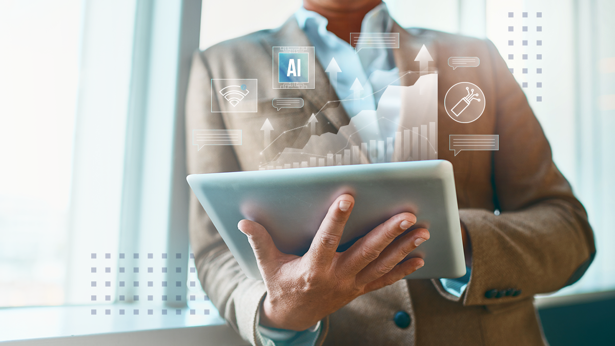 A woman holding a tablet with abstract AI and networking icons overlaid