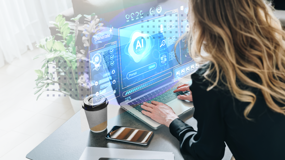 Woman using futuristic AI interface on laptop