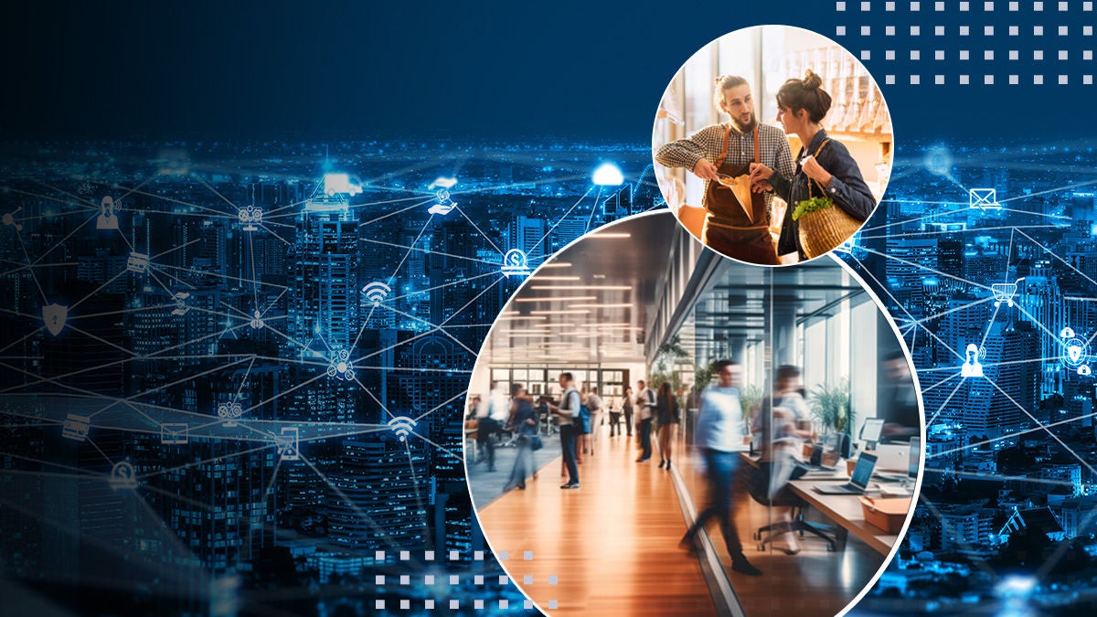 A composite image shows professionals collaborating in a contemporary office environment. In the foreground, people walk through a bright open-plan workspace with glass walls and warm lighting. A smaller circular frame highlights a group of colleagues engaged in discussion, suggesting teamwork and project planning. The background features a digital network of interconnected nodes and lines over a cityscape, symbolizing data, connectivity, and technology-driven business.