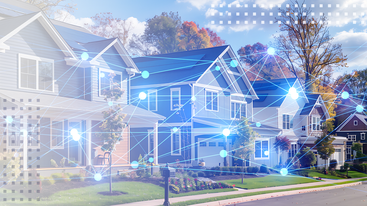 A row of houses with an abstract FTTH network visualization overlaid