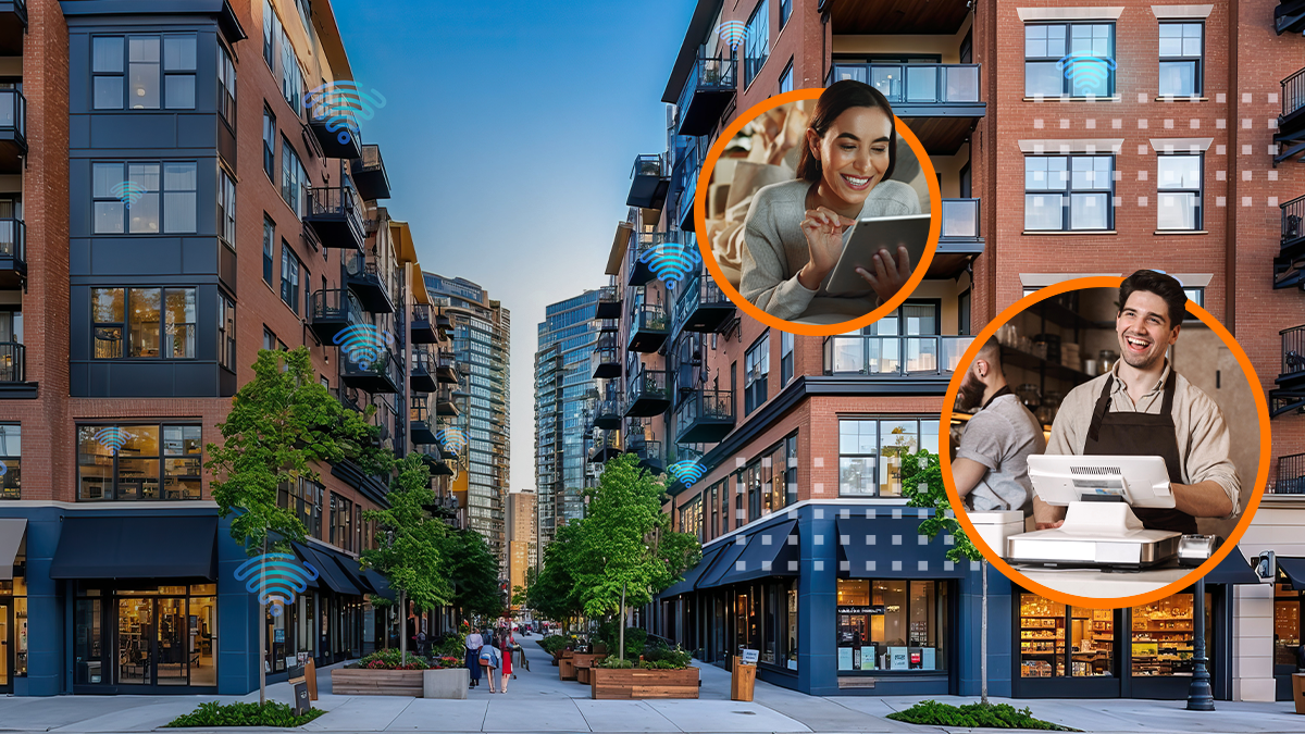 Contemporary urban scene featuring residential buildings, shops, and greenery, creating a vibrant atmosphere for leisure and community activities