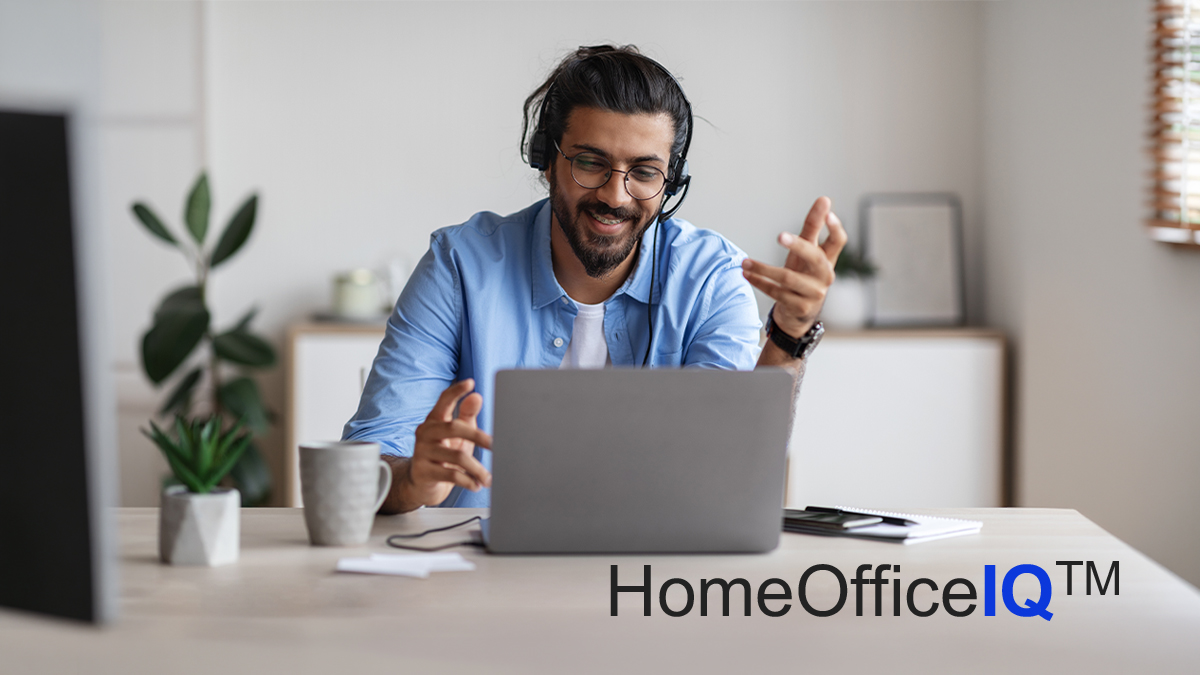 A man on a laptop with a headset with a logo for HomeOfficeIQ overlaid
