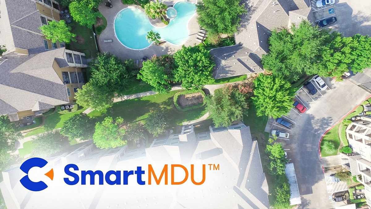 An aerial view of a home with a Calix SmartMDU logo overlaid