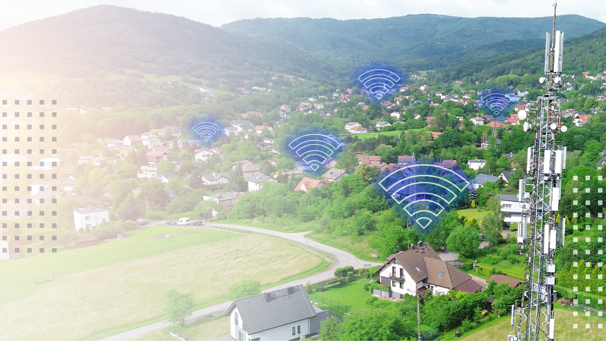 An image of a rural community with Wi-Fi icons over many homes