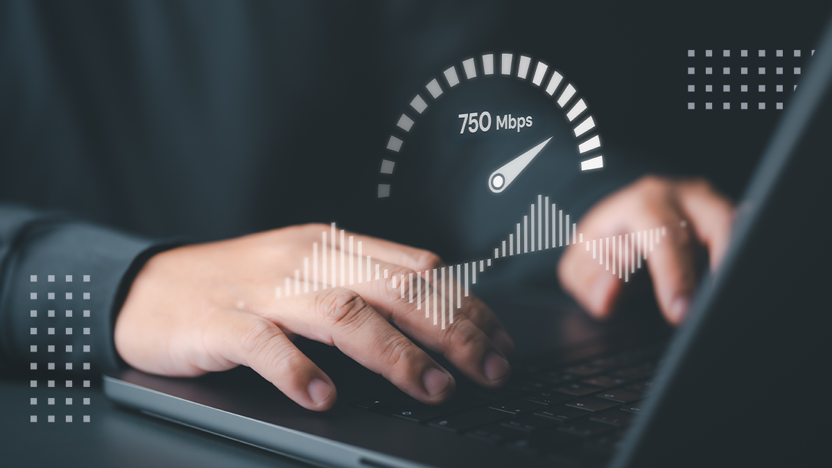 Man using a laptop computer to benchmark check wireless networking or 5G cellular Mbps or Gbps speed quality