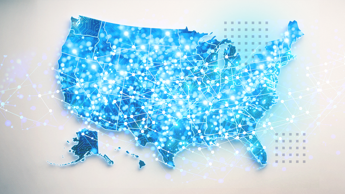 A stylized map of the United States is depicted with glowing blue lines and nodes, representing a digital or data network