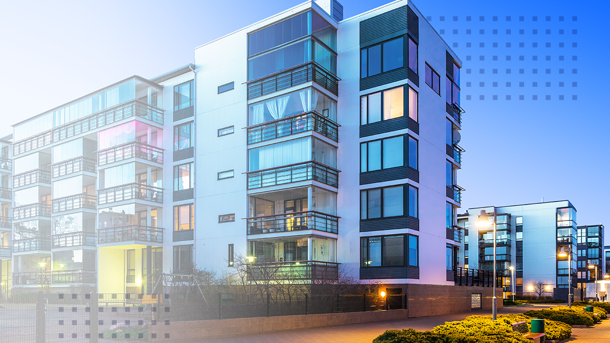 Evening outdoor urban view of modern real estate homes. House building and city construction concept.