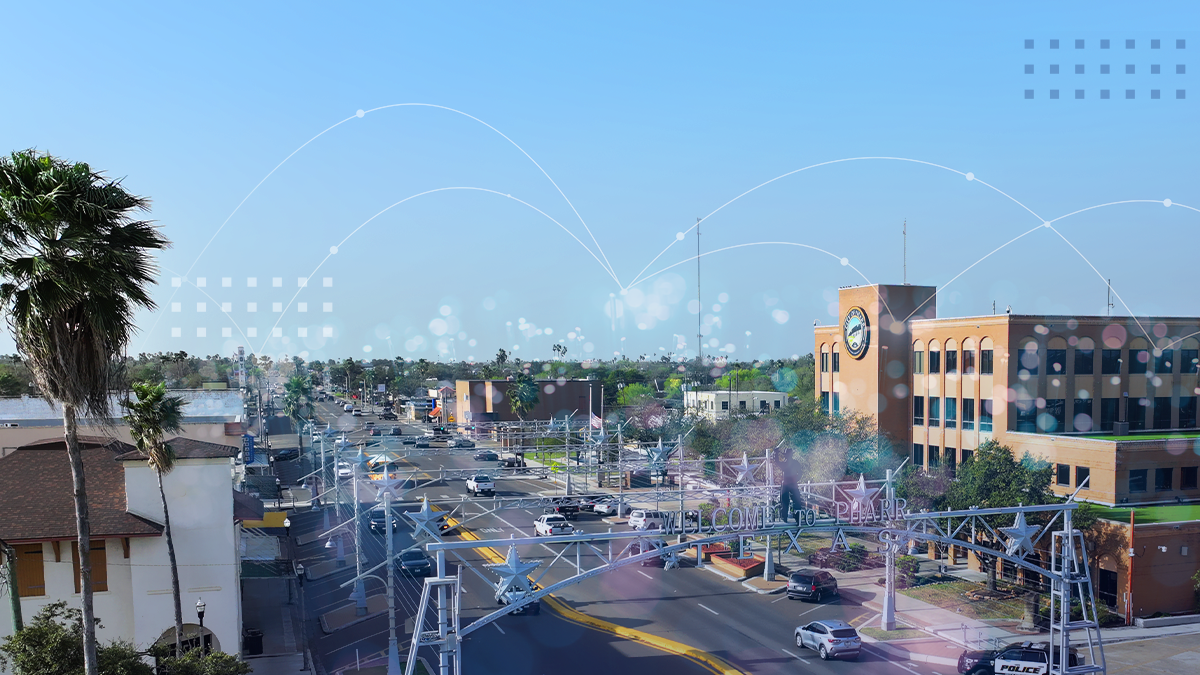 Aerial view of community center in downtown, City of Pharr, Texas