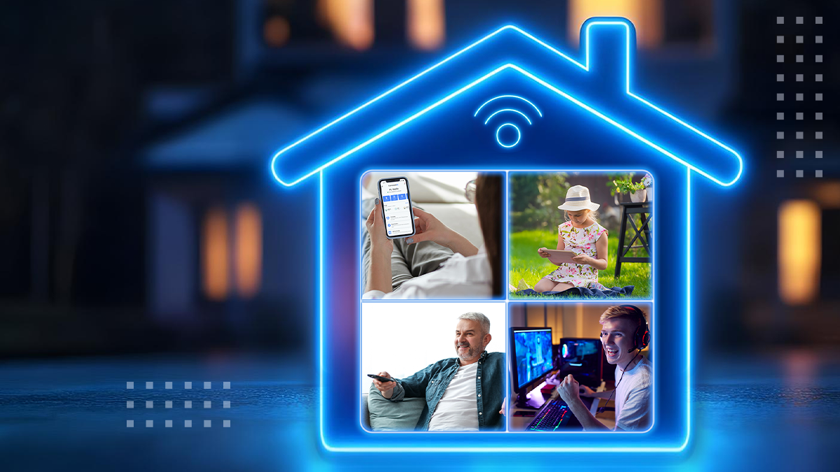 Smart home automation systems with glowing home icon and the blurred home in the background