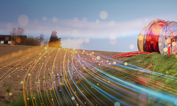 Fiber optic data transmission concept over the farm and huge cable roll